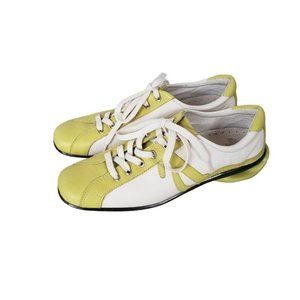Asgi leather white and lime green lace up walking sneakers.